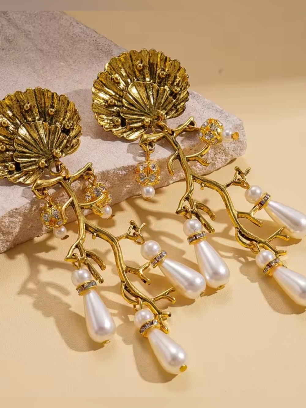 Gold Branch Earrings with White Pearl Drops